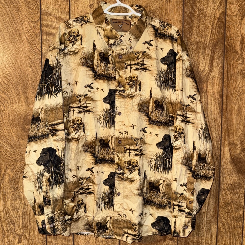 North River Outfitters Mens XL Hunting Dog Duck Print Cotton Button Down Shirt